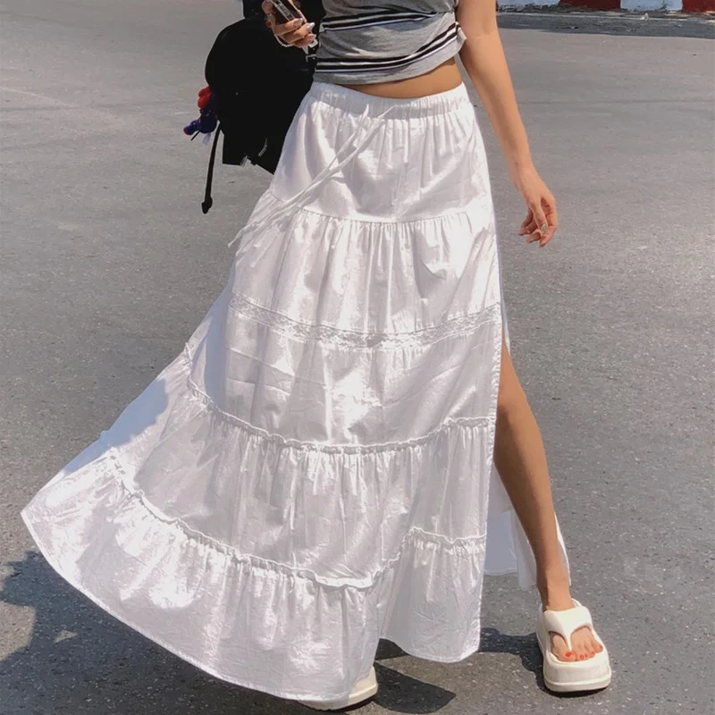 

Long f-length Skirt with High Slit And Lace Layered Design Korean Sle Spring Autumn Winter Women's Faion Casual Skirt