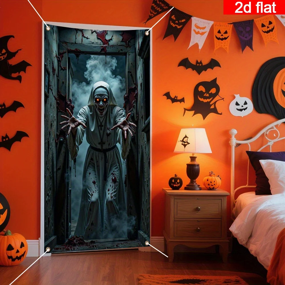 لافتة باب ثنائية الأبعاد، قطعة واحدة من زينة باب الهالوين الكبيرة - لافتة رعب راهبة التهديد وتصميم قوطي ملون بالدم #6