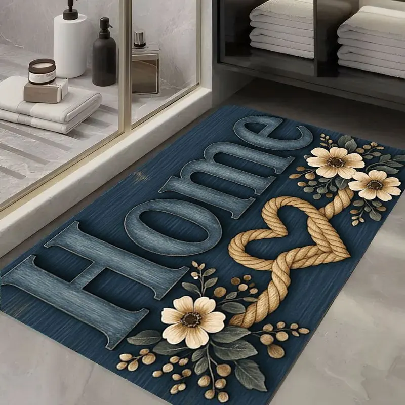 VIKAMA Marineblauer, einfarbiger Teppich mit Blumenmuster, im rustikalen Design, perfekt für die Küche oder den Futterbereich für Haustiere