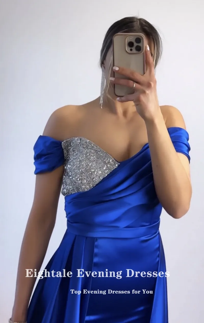 Eightale Arabic Evening Dresses for Wedding Party Off the Shoulder Royal Blue Beaded Cap Sleeves Satin Customized Prom Gown