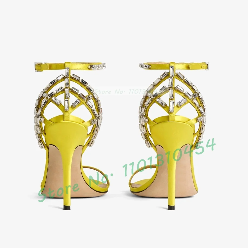 Yellow Cage Satin Sandals Women Luxury Crystal Cross Strap Cover Heel Stiletto Sandals Summer Elegant Ladies Outfit Party Shoes