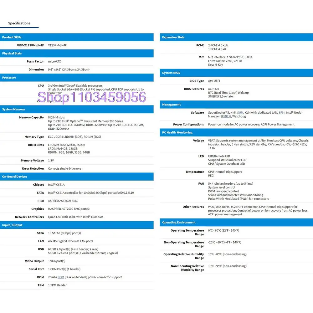 M-ATX DDR4-3200MHz C621A LGA-4189 10XSATA 3 For Supermicro Server Motherboard X12SPM-LN4F