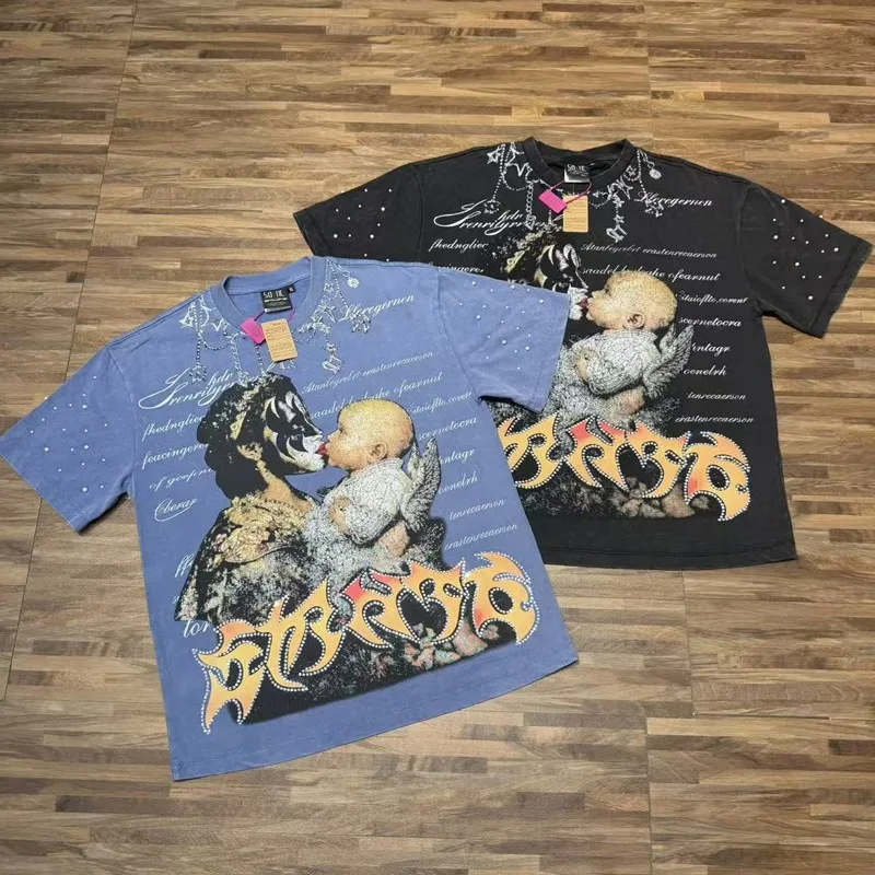 Summer Vintage Distressed Blue Pearl Short Sleeve Saint Tshirts Witch Kisses Baby Print Cotton Round Neck Short Sleeve Men Women