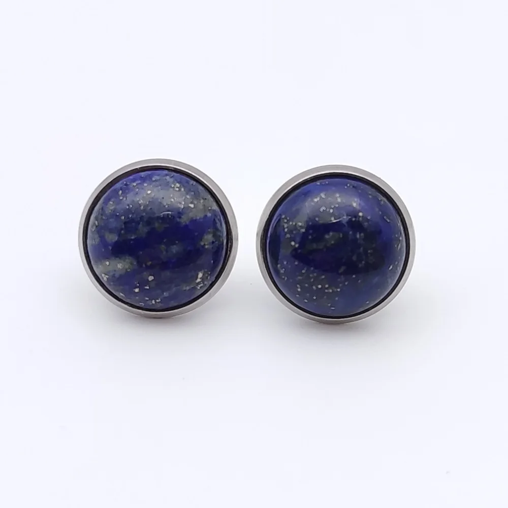 12MM Stone Pendant Stainless Steel Stud Earrings Jewelry Tiger Eye Opal Blue Pink Crystal Earings Women Men Gift