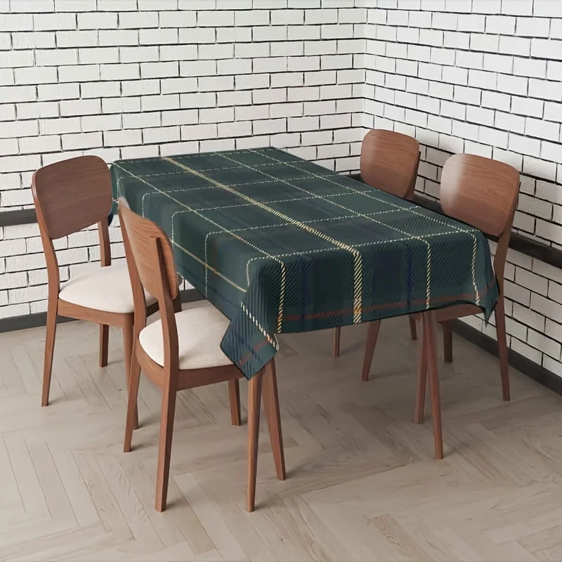 A brown and green checked polyester tablecloth, easy to clean, a large-sized tablecloth for furniture decoration.