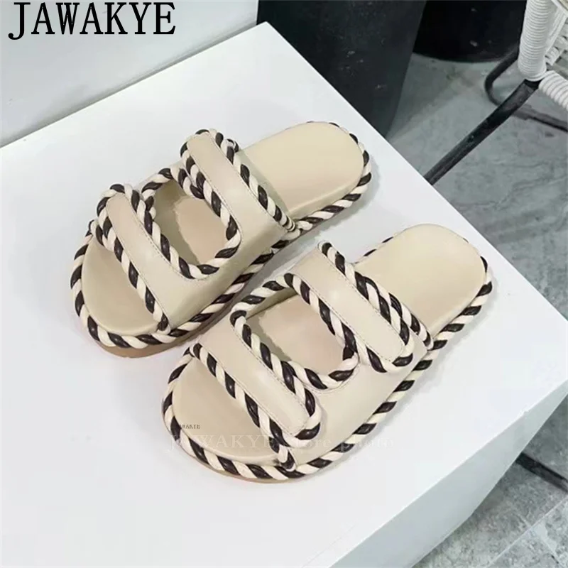 Rope Trimmed Real Leather Mules Slippers Women Round Open Toe Thick Bottom Flat Slippers Summer Casual Beach Sandals Woman