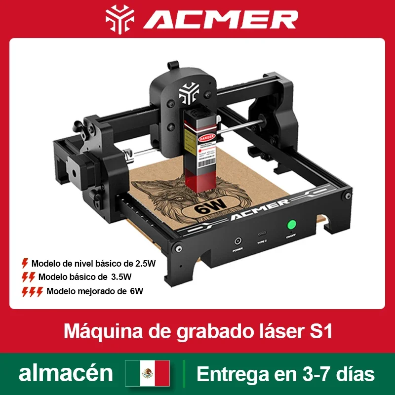 Máquina de Grabado Láser Portátil ACMER S1 Mini, Máquina de Corte Láser CNC, Herramienta para Trabajar la Madera, para Logotipos en Madera y Acrílico, para Principiantes, 130x130mm