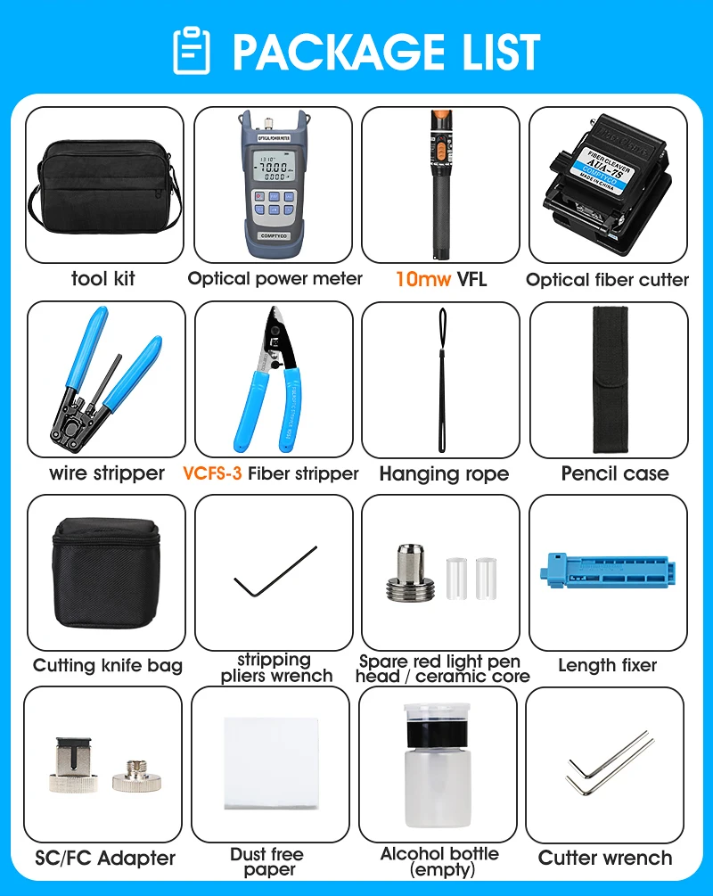 Imagem -04 - Comptyco Ftth Fibra Óptica Tool Kit com Fibra Fibra Óptica Power Meter e 10mw Visual Fault Locator Aua7s Ftth Ferramenta