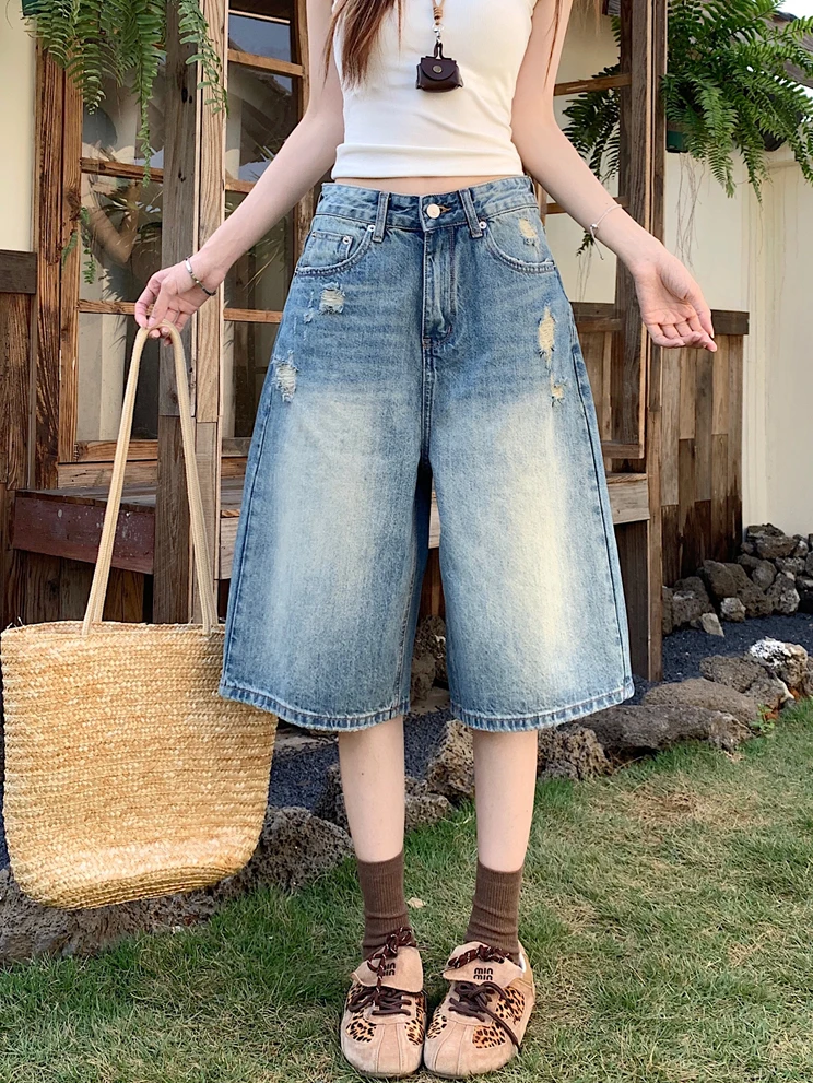 

Retro Blue Faded Denim Straight Leg Jeans Women's Summer Loose Wide Leg Pants Torn Hole Daily Casual Loose Fit Jeans