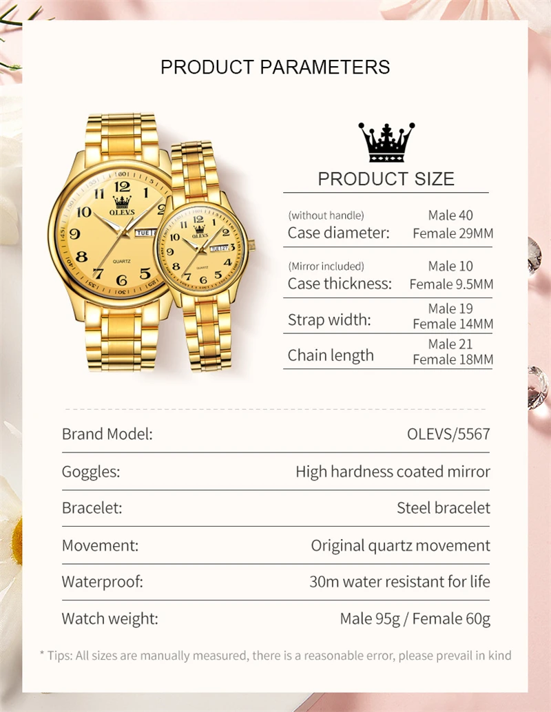 OLEVS 5567 Golden Quartz Couple Watches Paired Men and Women Luxury Brand Digits Dial Calendar Waterproof Lover's Watches Clock