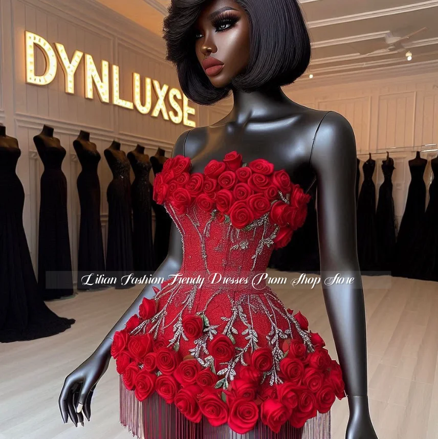 Maßgeschneidertes rotes glamouröses 3D-Blumen-Mini-Abschlussballkleid, Cocktailkleid mit Perlenfransen, Abschlussballkleid für besondere Anlässe, Geburtstagsparty-Kleid