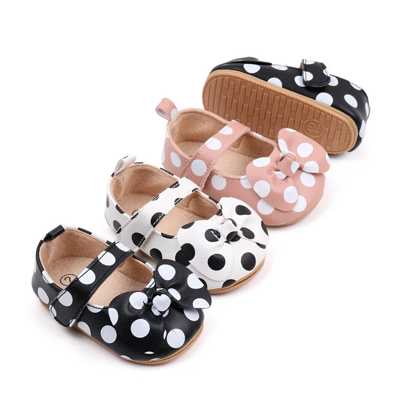 Baby Girls Crib Shoes Cute Dot Infant Bowknot Non-slip Flat PU First Walker Rubber Soft-Sole Newborn Girls Shoes