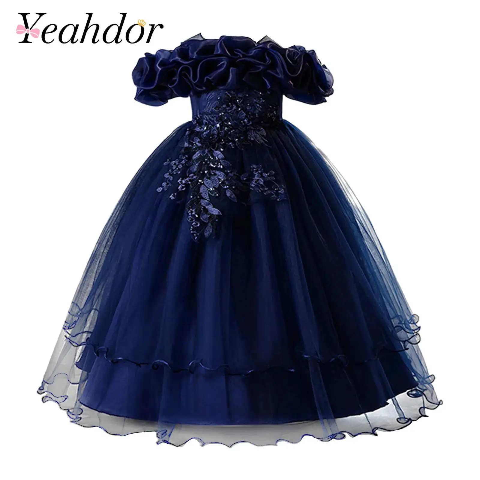 

Girls Princess Gowns Kids Embroidered Dresses Children Off-shoulder Tulle Dress Birthday Party Dress Weddings Banquets Gown
