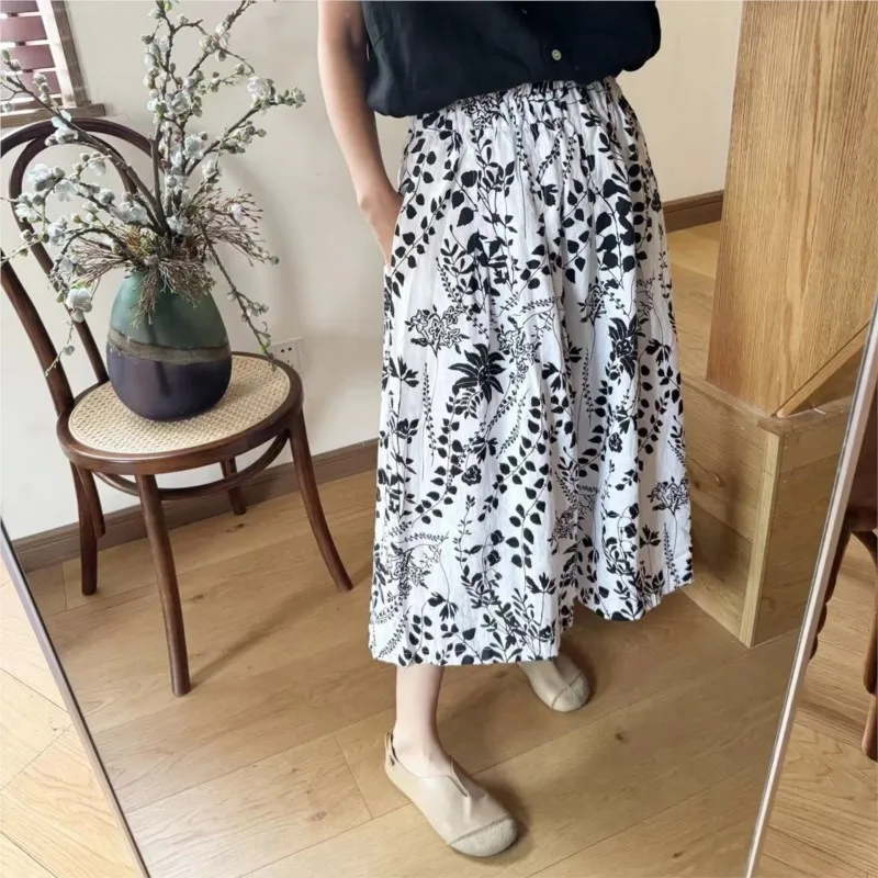 

Johnature Casual Vintage Print Linen Women Skirts 2024 Summer New Elastic Waist Loose All Match A-Linen Skirts