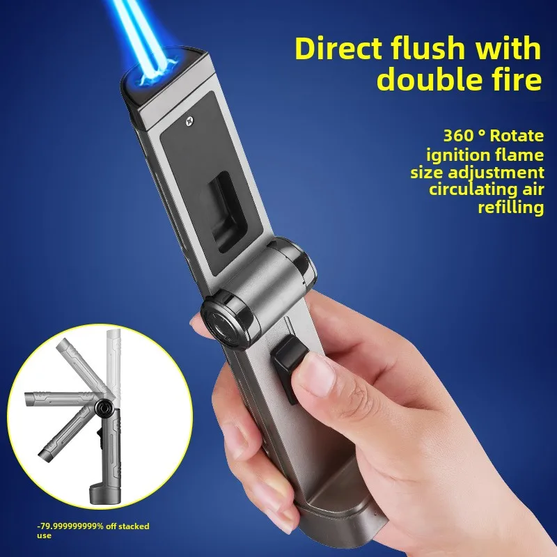 New Creative Folding Double Fire Straight Punch Lighter Outdoor Windproof Igniter for Aromatherapy Cigars Lighter