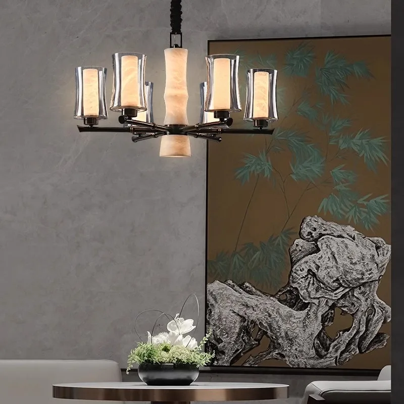 New Chinese chandelier living room lamp all copper marble villa high-end Chinese style restaurant lamp