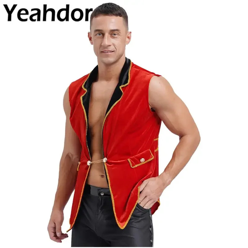 Жилет Мужской без рукавов, бархатный пиджак с лацканами и золотистой отделкой, костюм для косплея цирка рингмастера, наряд льва