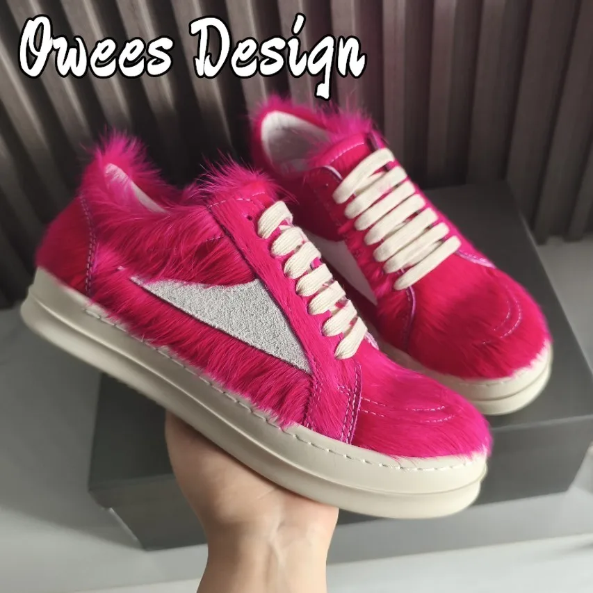 Punk Style Women Horsehair Sneakers Men Casual Shoes Genuine Leather Lace Up Luxury Trainers High Street Loafers Flats Shoes