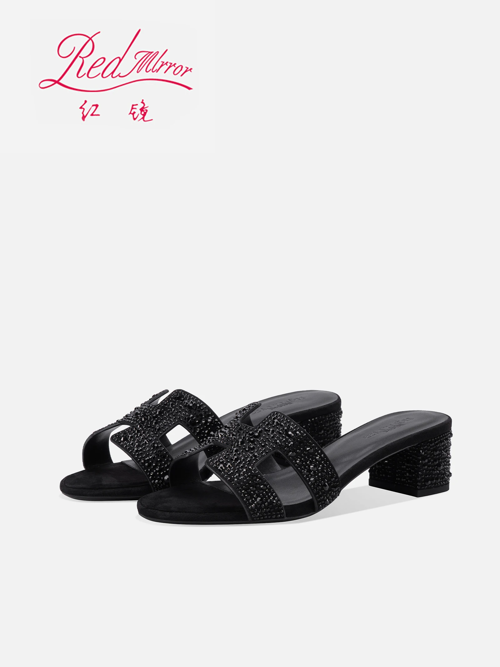 2026 New Women's Sandals Thick Heel Cross Band Beachwear Summer Black Middle Heel Slippers Fashionable Diamond Decorated Slip-On