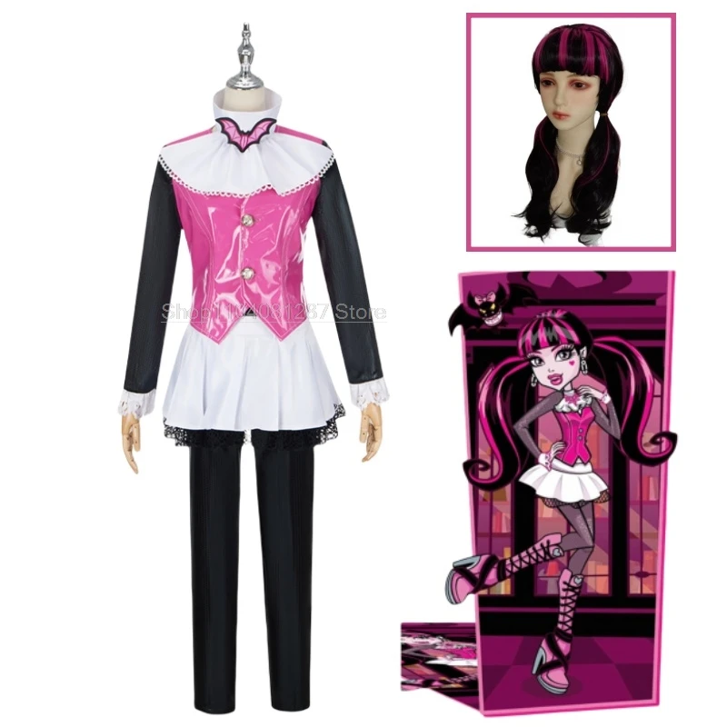 IN STOCK Monster High: Draculaura Cosplay Costume Pink Suit Vampiree Anime Female Cosplay Halloween Costumes Red Wig