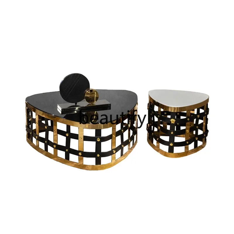 

Light luxury marble coffee table high artistic sense special-shaped stainless steel creative side table combination