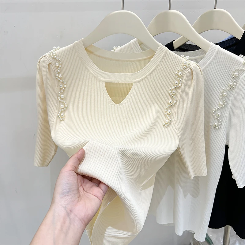

Sueters De Mujer O-Neck Beading Knitted Sweater Women Pullovers New Short Sleeve Sweaters Knit Sweater Pullover Women Tops Q2638