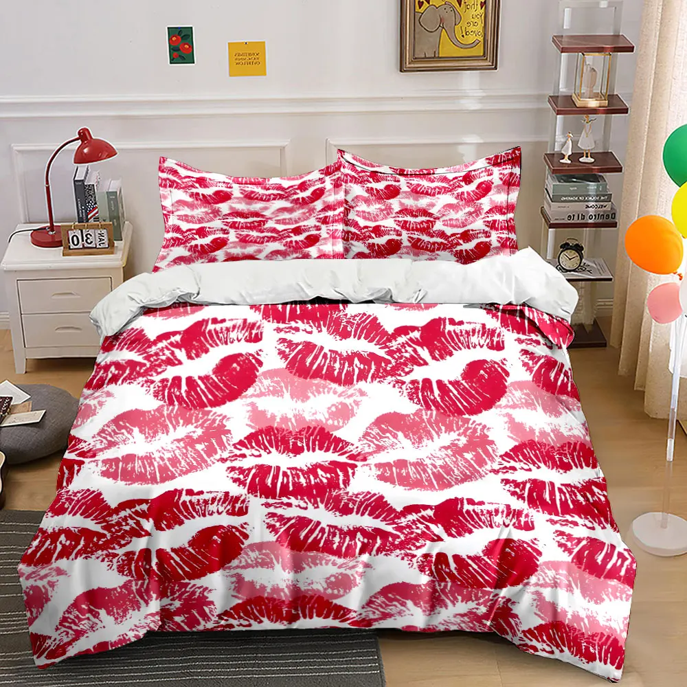 Red Lipstick Kiss Pattern Background Duvet Cover Set with 3D Printing Design Soft Polyester Bedding Set All-Season Comfort