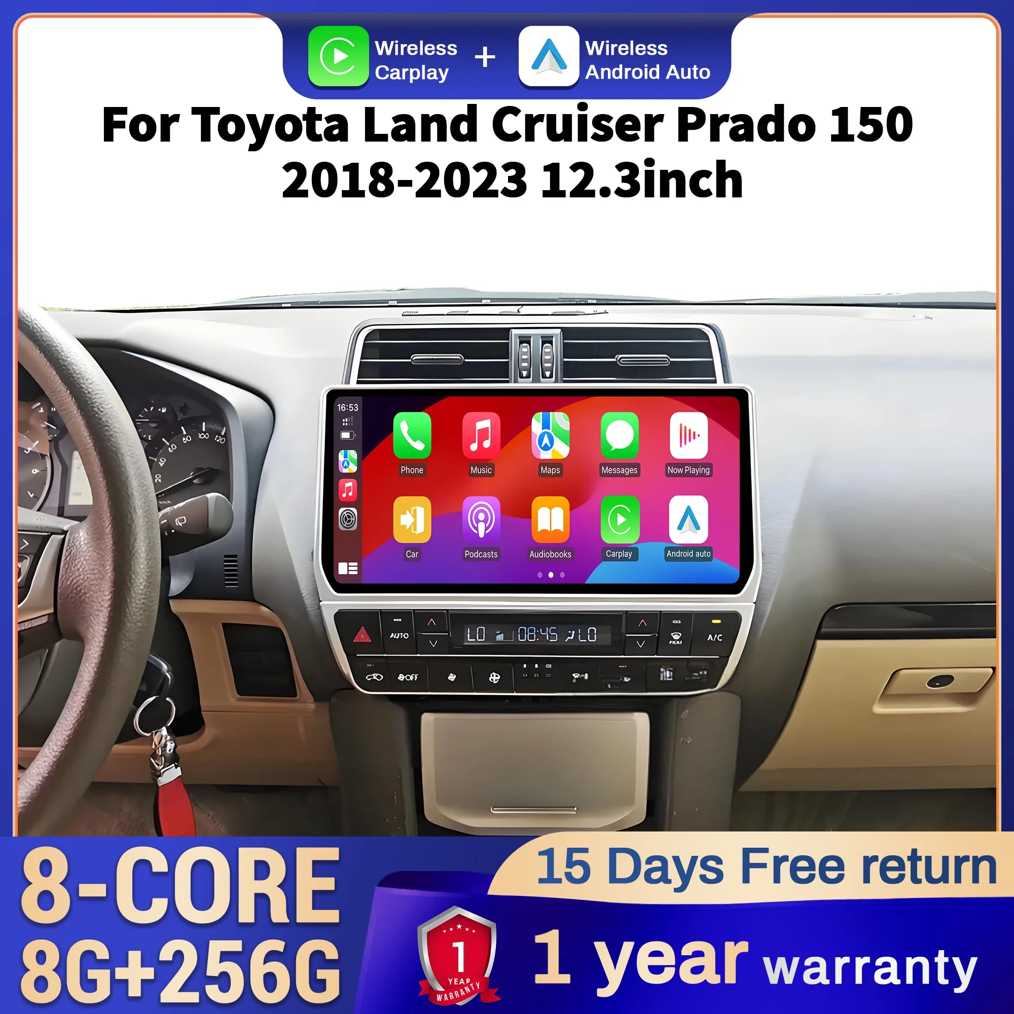 

12.3inch Car Radio For Toyota Land Cruiser Prado 150 2018-2023 4G Head Unit Wireless Bluetooth CarPlay Touch Screen Stereo