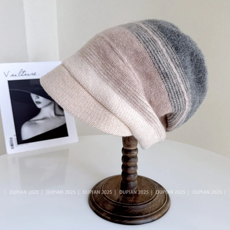 عالية الجودة صوف ميرينو المخلوطة كومة قبعة 100% الصوف الأسترالي محبوك قبعة المرأة في الهواء الطلق التدرج اللون مخطط قبعة من الصوف