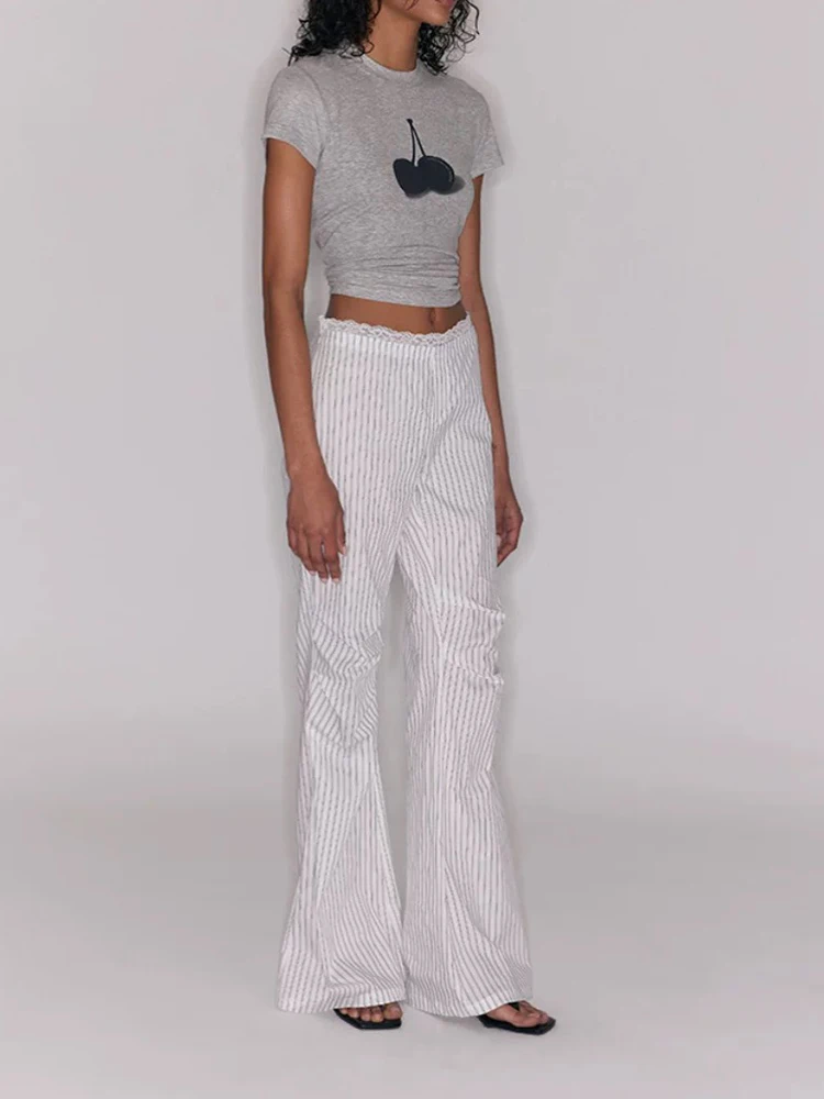 

Женские брюки-клеш в черно-белую полоску, повседневные брюки со складками и кружевом, Y2K, осень 2024