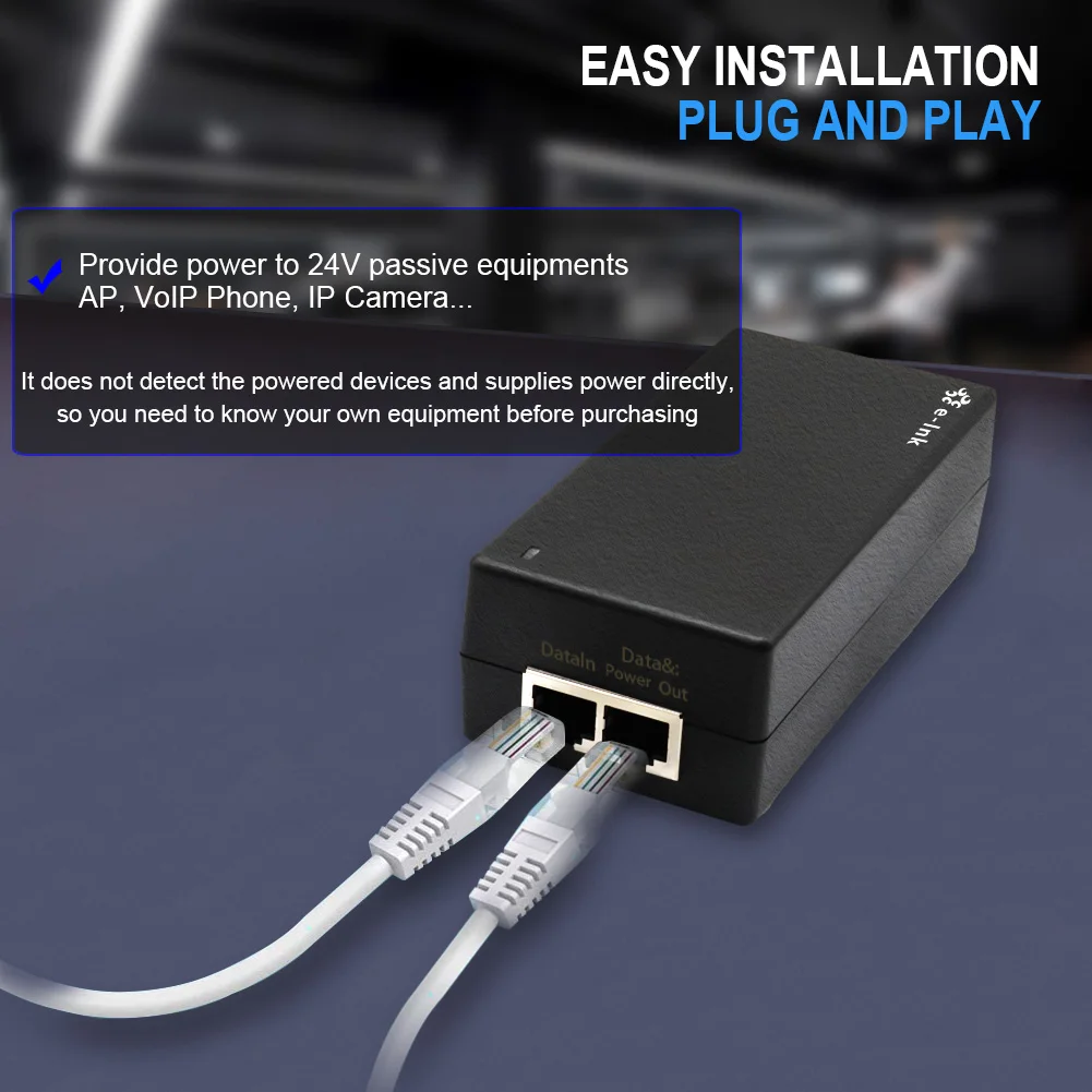 Gigabit Passive PoE Injector 24W POE Adapter 36-72V DC Input 24V PoE Output Converter (Not for 802.3af/at devices)