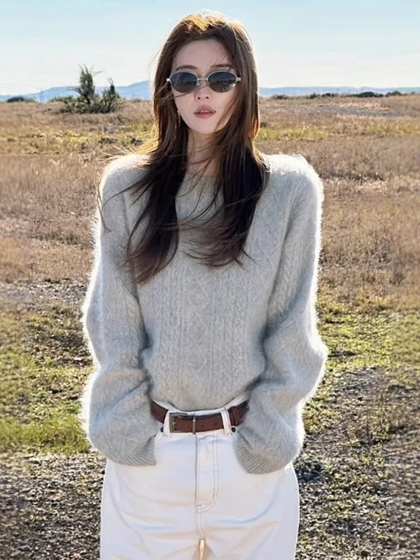 

Свободный женский вязаный свитер Fufu из серого норкового бархата с капюшоном, длинными рукавами и круглым вырезом, теплая верхняя одежда в корейском стиле, осенний вариант