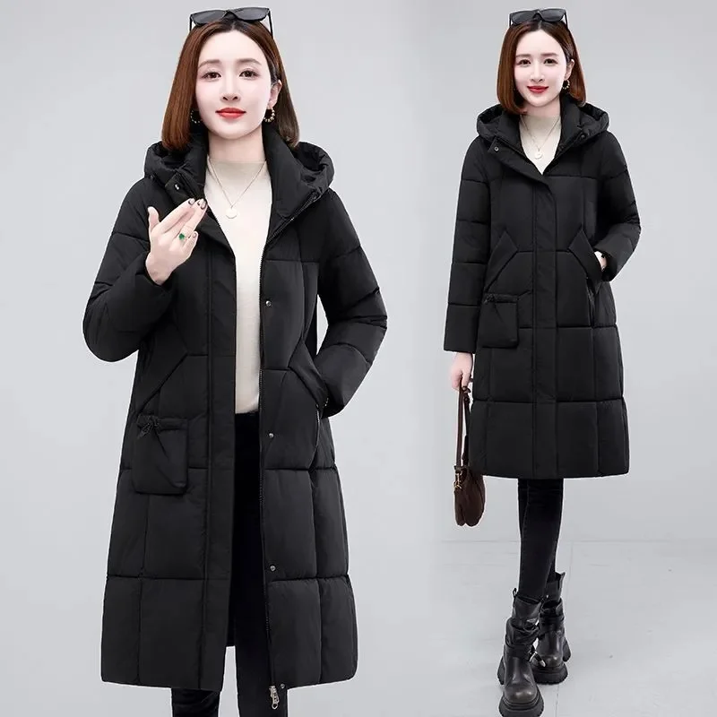 Autumn Ladies Knee Over Down Cotton Jacket Winter Femme Long Sleeved Thick Parkas Outwear Korean Women Hooded Cotton Padded Coat