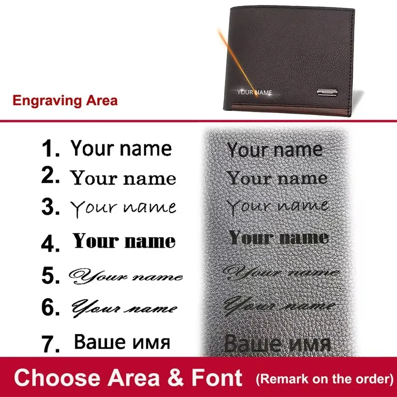 High Quality Name Engraving Men's Short Wallet Simple Coin Pocket Male Purse with Card & Photo Holder Classic Money Clip view 2