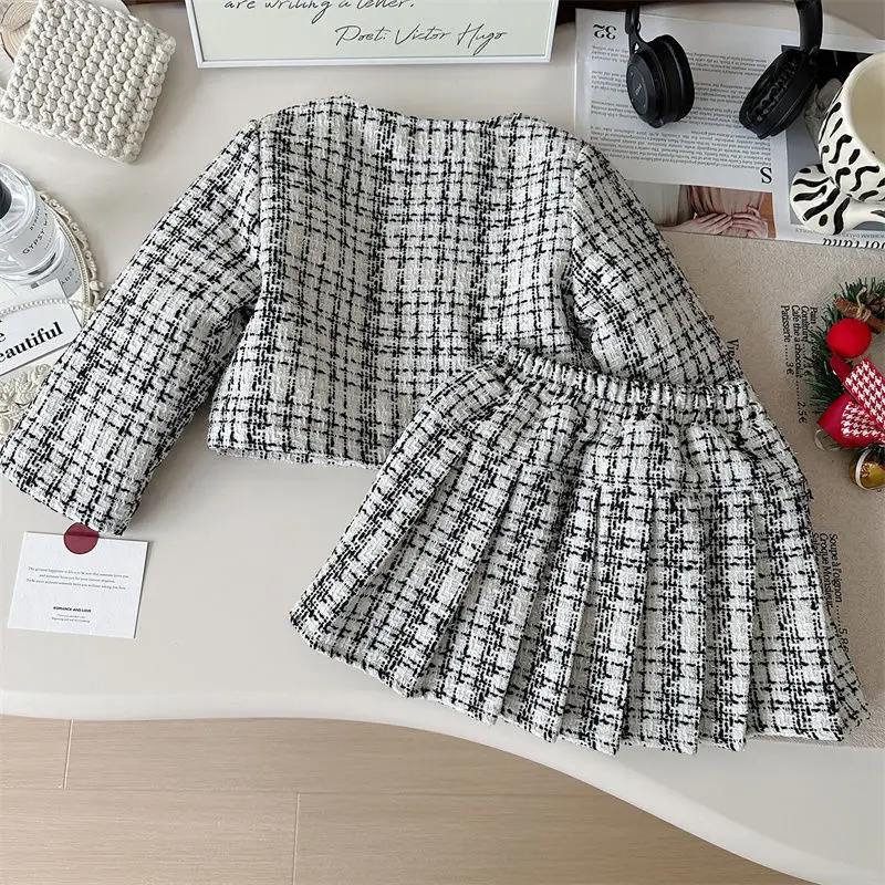 Children\'s Clothing Sets Plaid Coat + Pleated Skirt 2pcs Sets Autumn and Winter Sets Baby Girl Clothes Outfit Set
