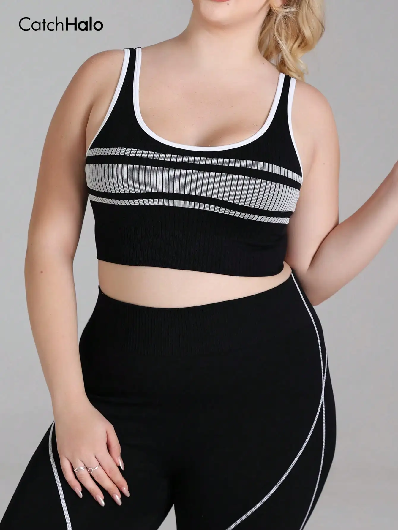 Plus Size Seamless Sports Bra U Back Wide Underband Ribbed Breathable Yoga Crop Top