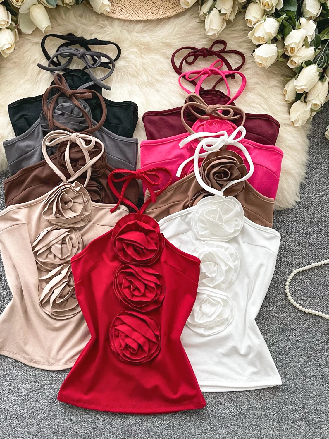 Elegant Strapless Crop Top Women Summer Floral Hanging Neck Slim Fit  Back Atmosphere Unique Small Audience Vest