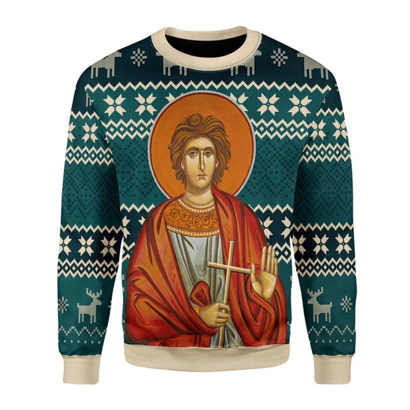 Ugly Christmas Sweater 3D Print Jesus Christian Sweatshirt Men Women Orthodox Saint Costume Long Sleeve New Christmas Sweater