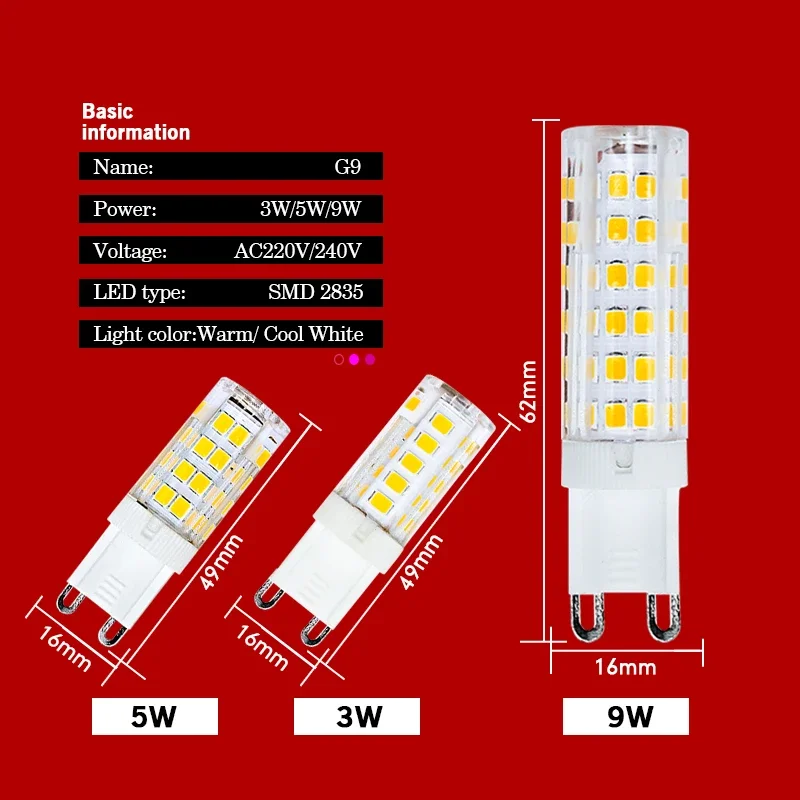 2pcs G9 LED Lamp 3W 5W 7W 9W AC 220V Led Corn Bulb 33 51 75 leds SMD2835 360 Beam High Quality Ceramic Mini Chandelier Lights