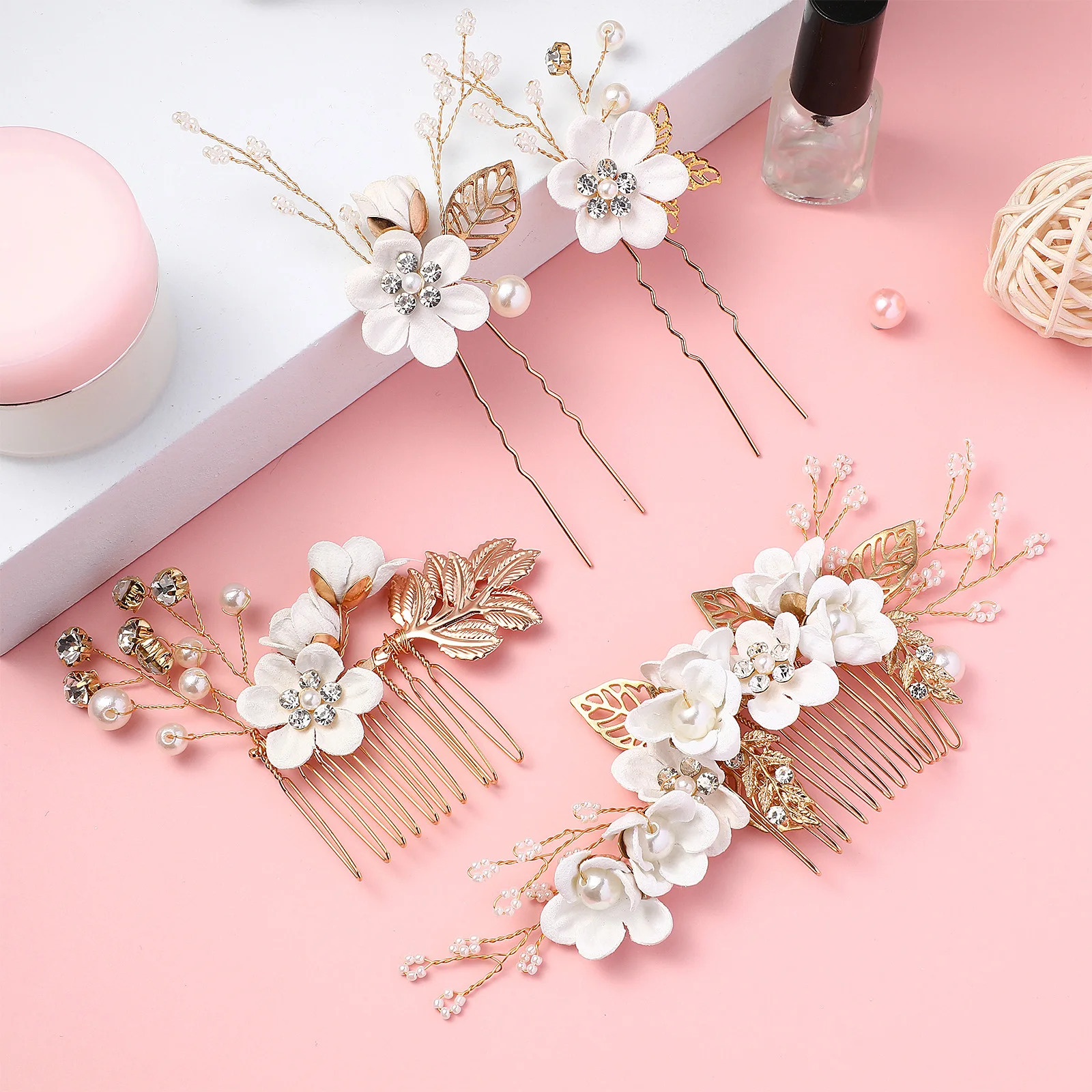 

4pcs Bridal Hair Comb Set U Shaped Clips Decorative Pearls Rhinestones Bridal Accessories Wedding Party Supplies