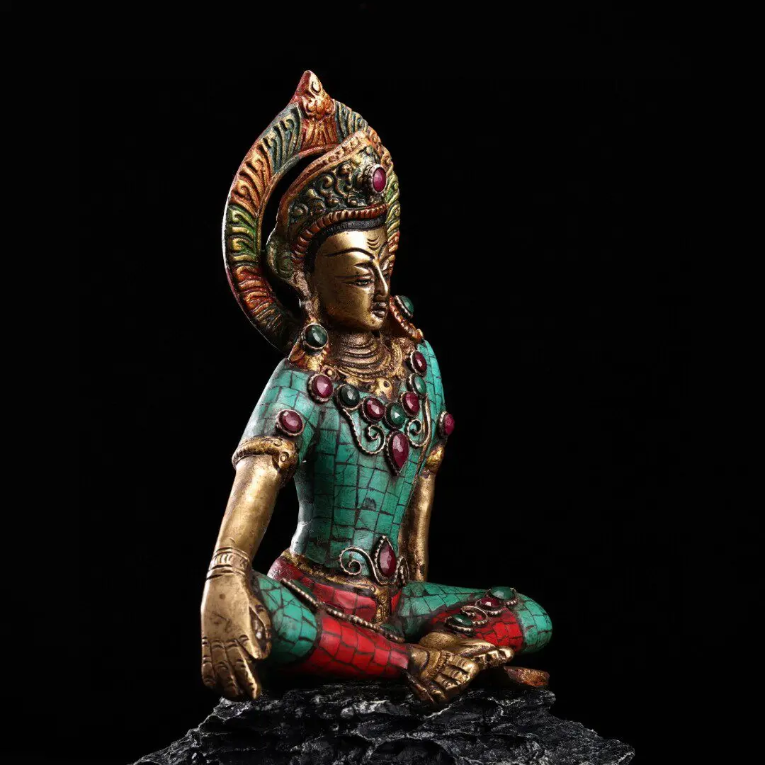 Nepal Pure Copper Green Tara Seated Statue Gem Inlaid Entrance Home Decor Tibetan Buddhist Altar Figurine