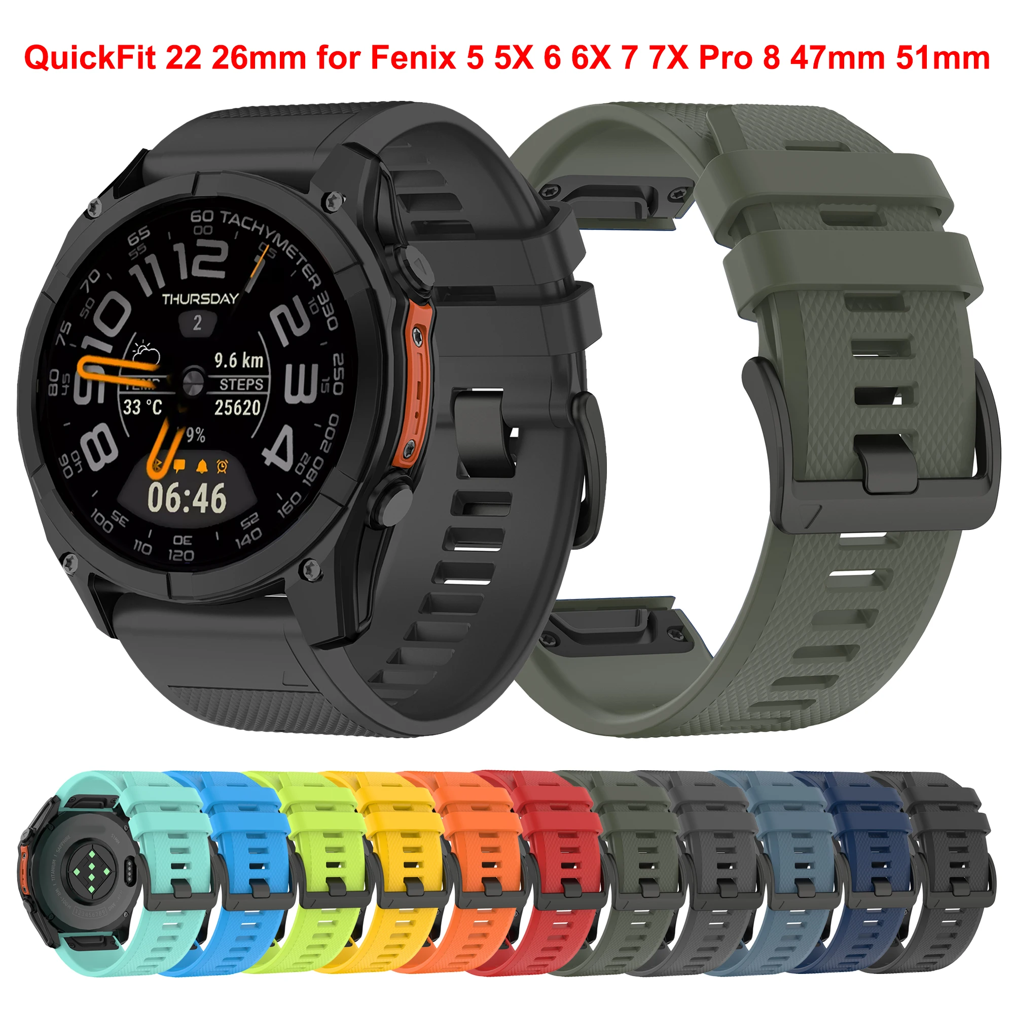 QuickFit 22mm 26mm Silikon-Uhrenarmband für Garmin Fenix 5 5X Plus 6 6X Pro 7 7X 8 47 51mm 965 955 Epix Tactix Quatix Enduro Armband