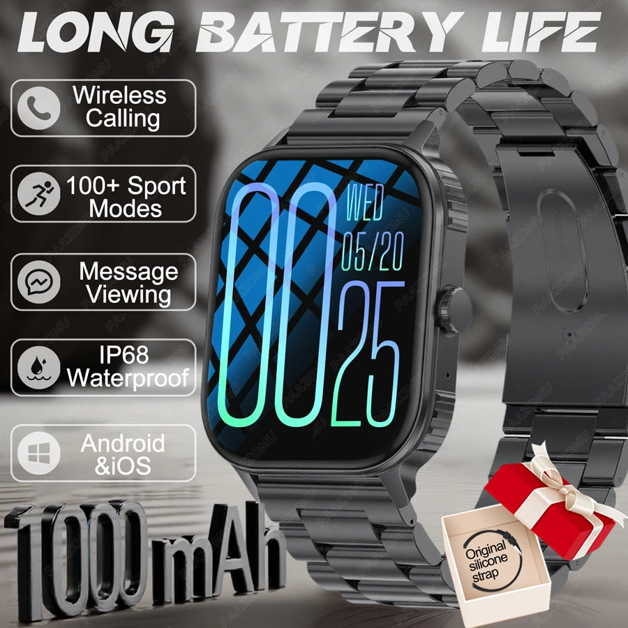 

Новые умные часы для мужчин, 1000 мАч, с длительным режимом ожидания, уличные умные часы для мужчин, IP68, водонепроницаемые, с пульсометром, спортивные, BT-вызовы, умные часы с большой батареей