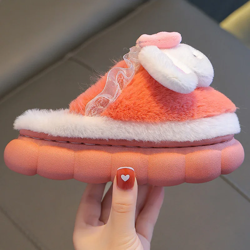 Anti-skid Winter Warm Kids Slippers Cartoon Furry Baby Girls Home Indoor Plush Shoes Soft Sole Floor Warm Cotton Slippers