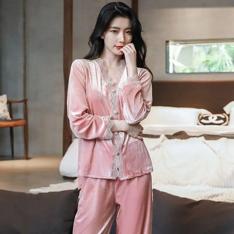 

New Pajama Set Color Winter Style Fashion Homewear Lace Edge Long Sleeved Two-Piece Sleeve Pajamas Home Wear Sexy Woman Ladies