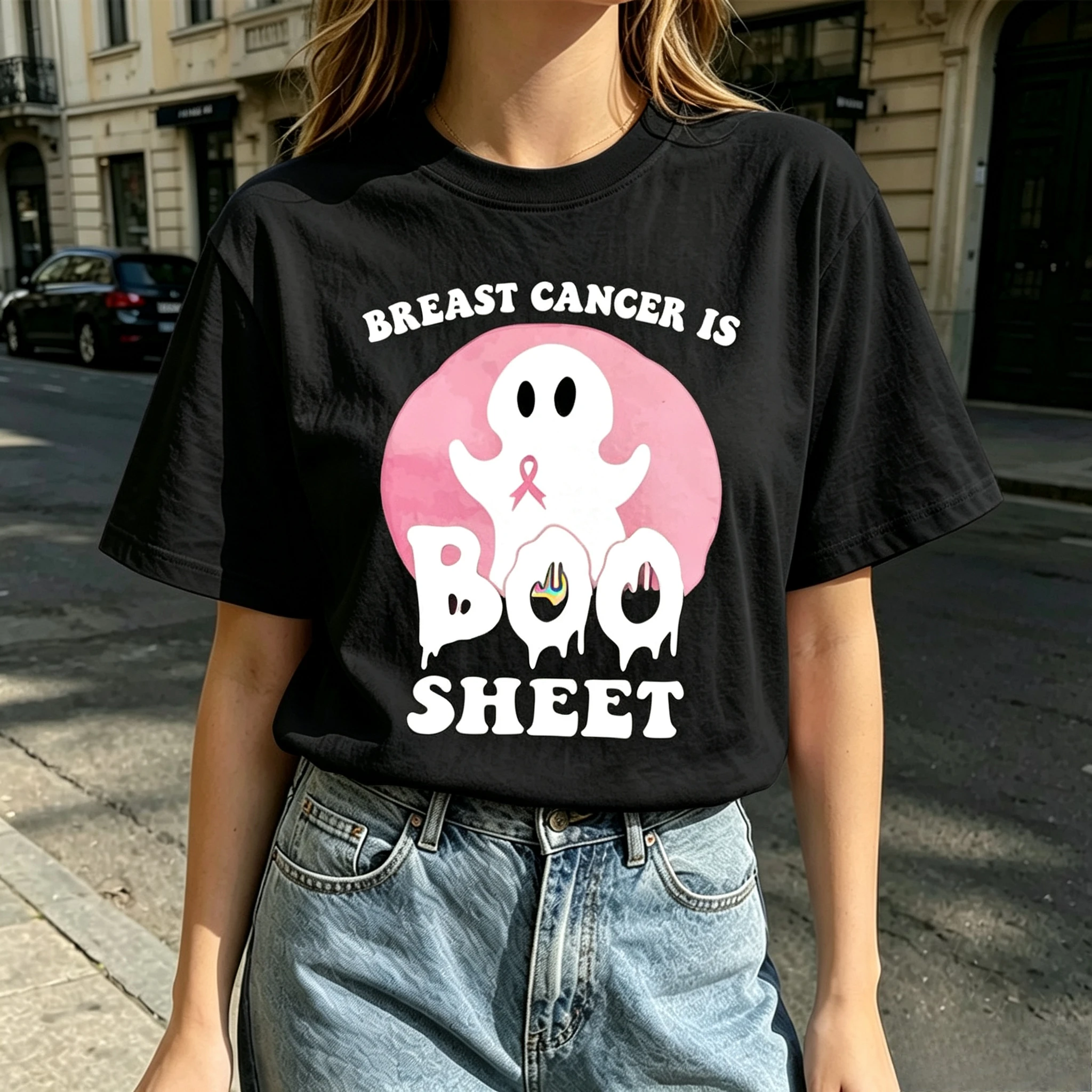 Trendy Funny Boo Sheet Ghost Pink Ribbon Print Womens T Shirt Casual Short Sleeve Top for Halloween Awareness Daily Street Wear