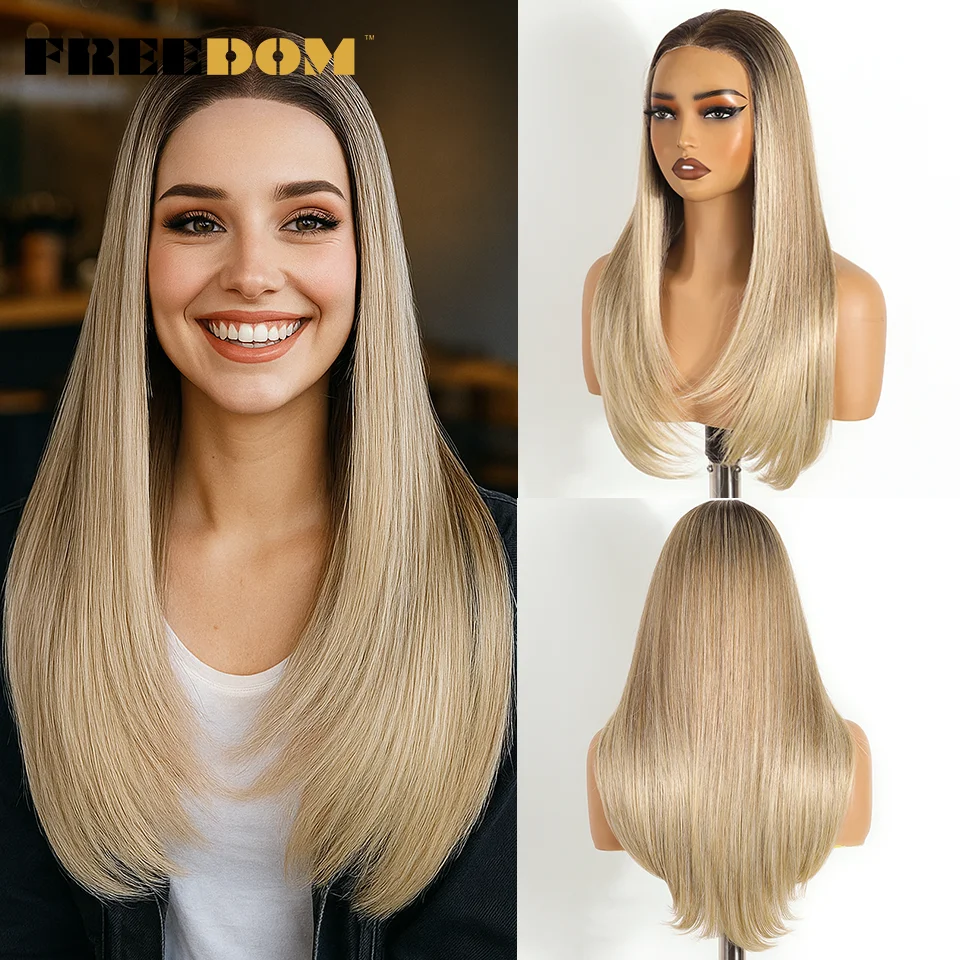 

FREEDOM Straight Synthetic Lace Front Wigs For Women 9x6 Pre Plucked Layerd Wig 24" Ombre Blonde Wear And Go Glueless Lace Wigs