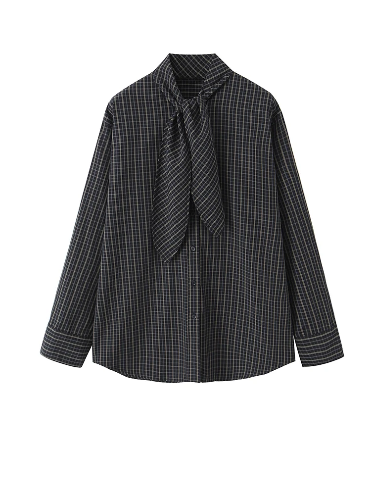 

Women Scarf Collar Plaid Shirts Long Sleeve Loose Tops Casual Blouses