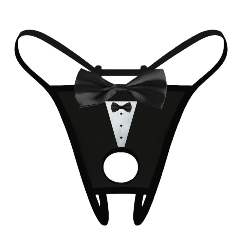 Men's Sexy Bow Decoration Thong Underwear with Fun Printed Breathable Soft Hollow Out Underwear