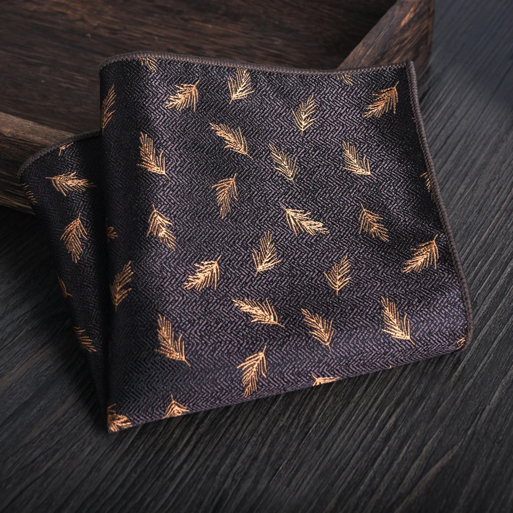 24 سنتيمتر الخريف الشتاء موضة يترك مطبوعة جيب مربع للرجال البوليستر البني مخطط منديل الزفاف العريس دعوى المنديل